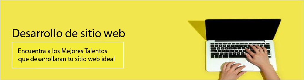 Banner promocional con fondo amarillo mostrando manos tecleando en una laptop