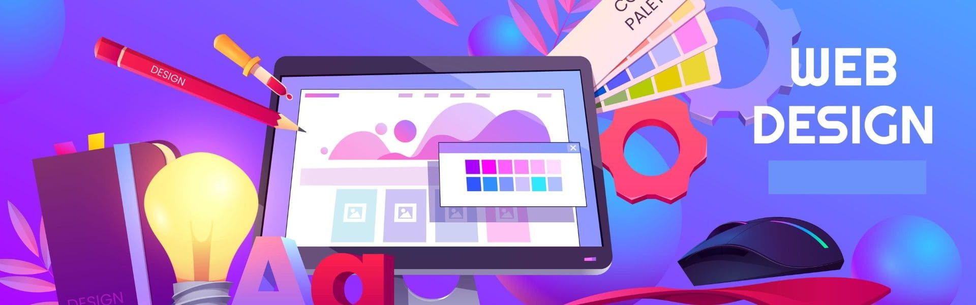Banner diseño de página web, colorido con elementos de diseño gráfico. Un monitor muestra una interfaz con una paleta de colores en pantalla. A su alrededor, hay una bombilla, lápices, un ratón, un engranaje y otros elementos relacionados con el diseño web. Texto: 'WEB DESIGN'