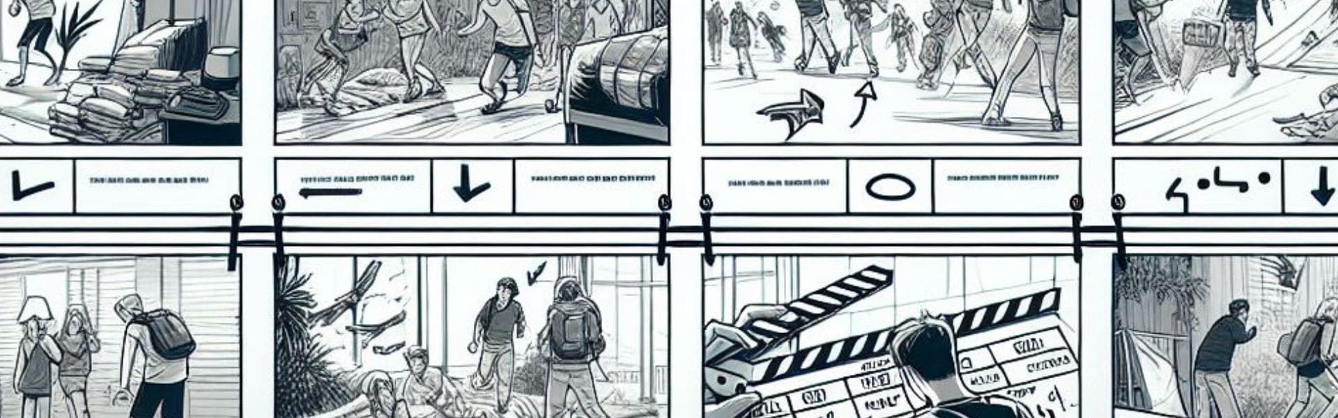 Storyboard detallado con ilustraciones en blanco y negro, mostrando escenas narrativas y notas de dirección visual.